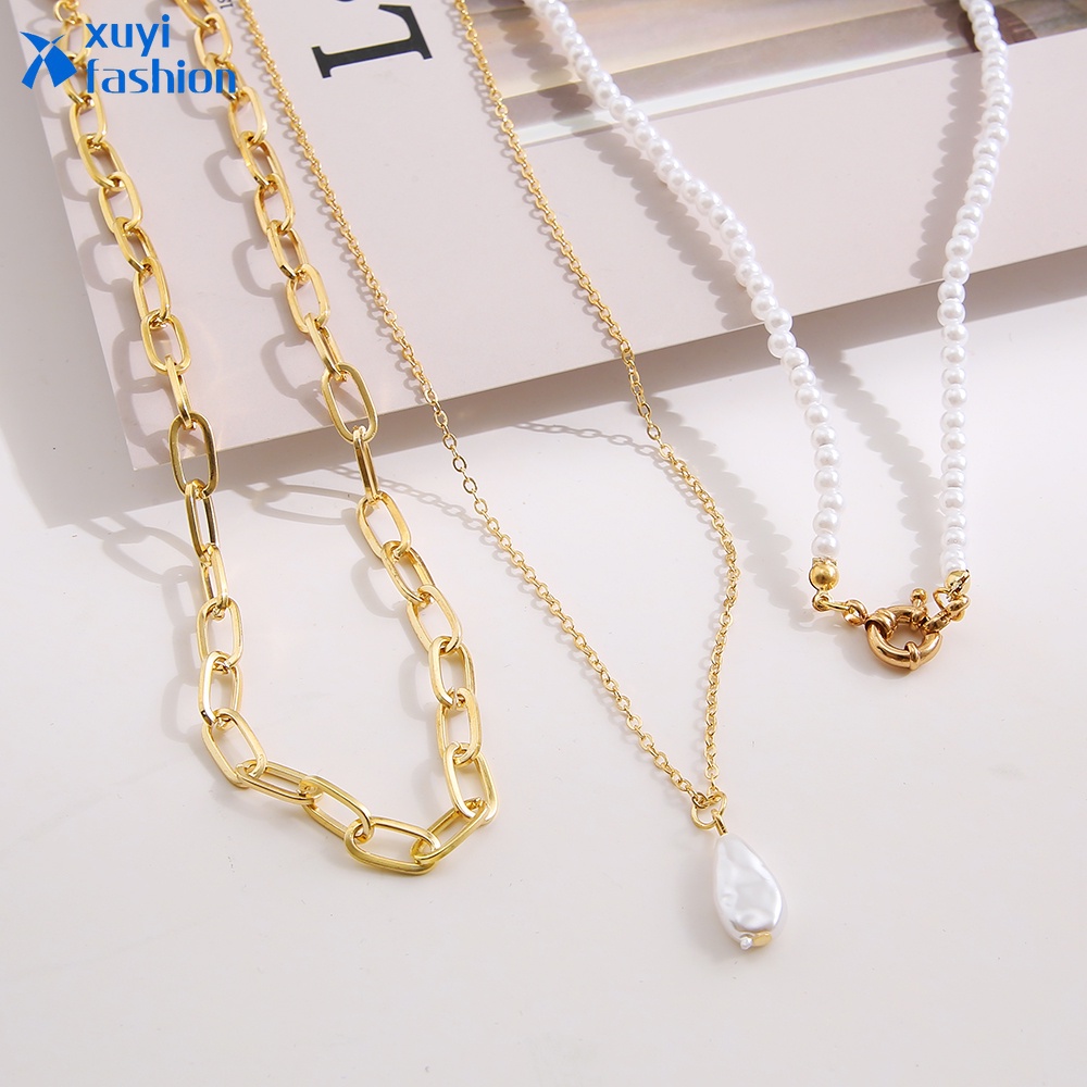 3pcs / set Kalung Choker Rantai Manik-Manik Mutiara Asimetris Warna Emas Untuk Wanita
