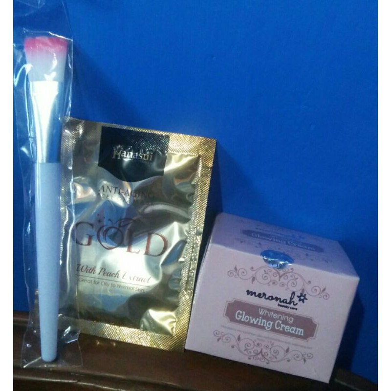 MERONAH WHITENING GLOWING CREAM FREE MASKER GOLD HANASUI +KUAS