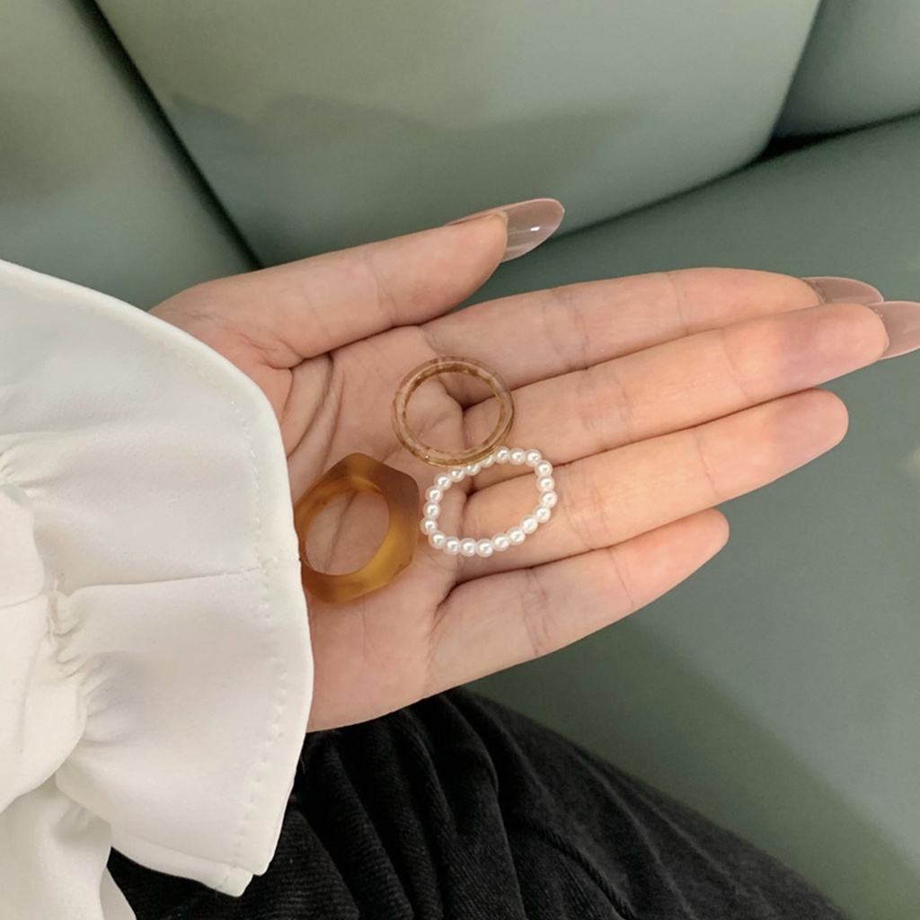 Hu Hu Hu Hu Hu Alat Bantu Pasang Kacamata♡ 3pcs Cincin Jari Geometris Aksen Mutiara Imitasi Untuk Wanita