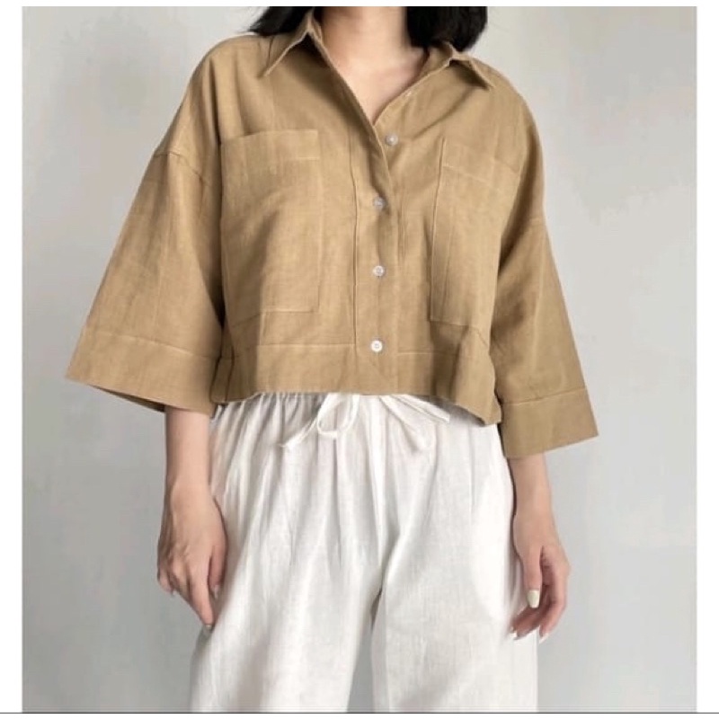 BEFAST - ZEC OOTD Wanita Kemeja DEWI / Welco Kemeja Crop Linen Pocket / Kemeja Crop Kekinian 2021 / Kemeja Lengan 3/4 Polos / Kemeja Ala Korean