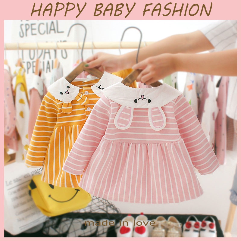 (0-3Tahun) QZ-16 Dress Bayi/Dress Anak Perempuan Garis Smiley Kelinci（4）