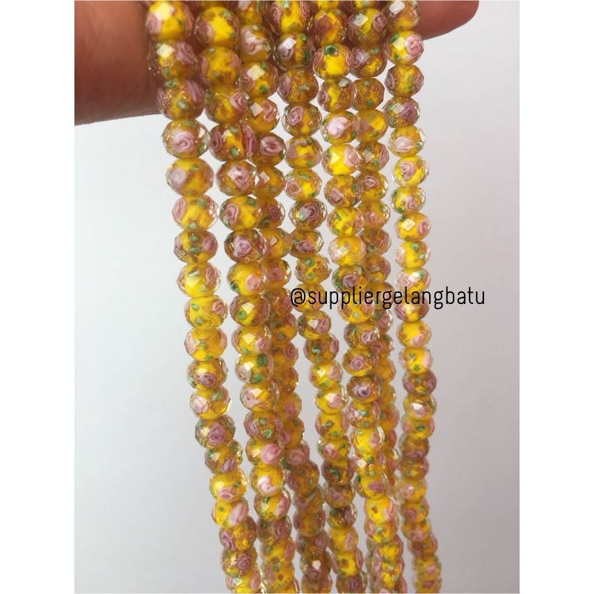 Lampwork Crystal Murano 10x8mm bahan kristal ceko mawar kuning premium batu motif bunga donat quartz