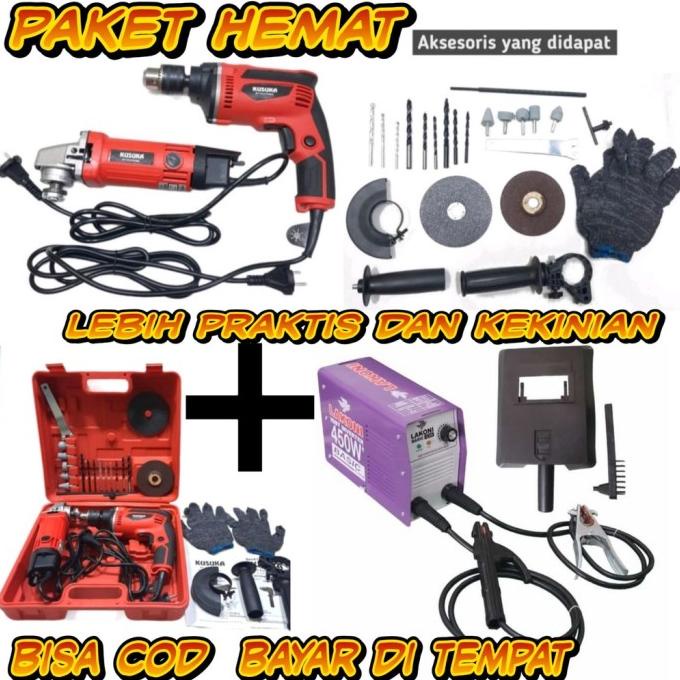 WJ071 PAKET 3 SET TUKANG LAS MESIN LAS RINO 900 watt MERA BOR 10 MM 4