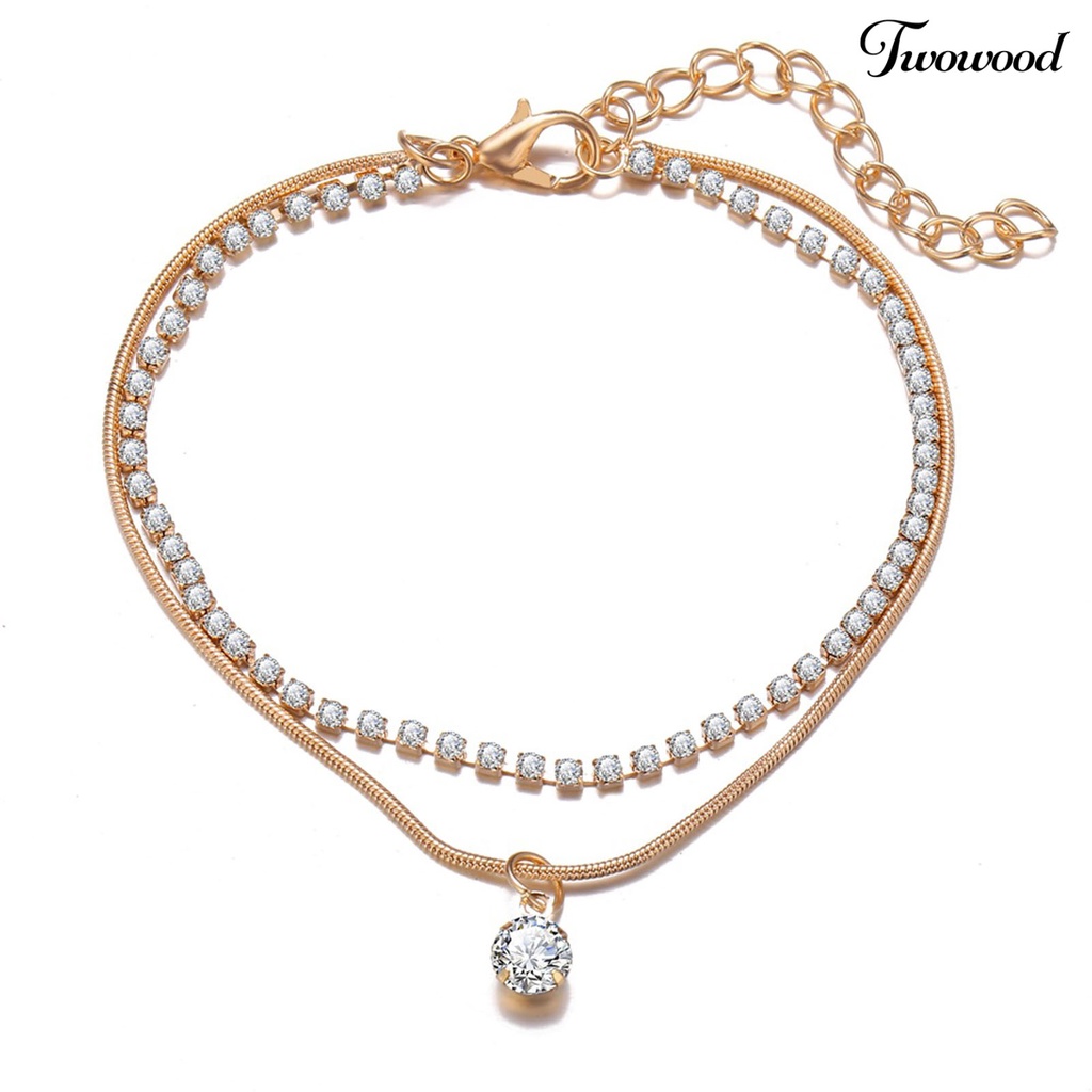 Twowood Double Layered Rhinestone Pendant Women Anklet Alloy Full Rhinestone Snake Chain Beach Anklet Foot Jewelry