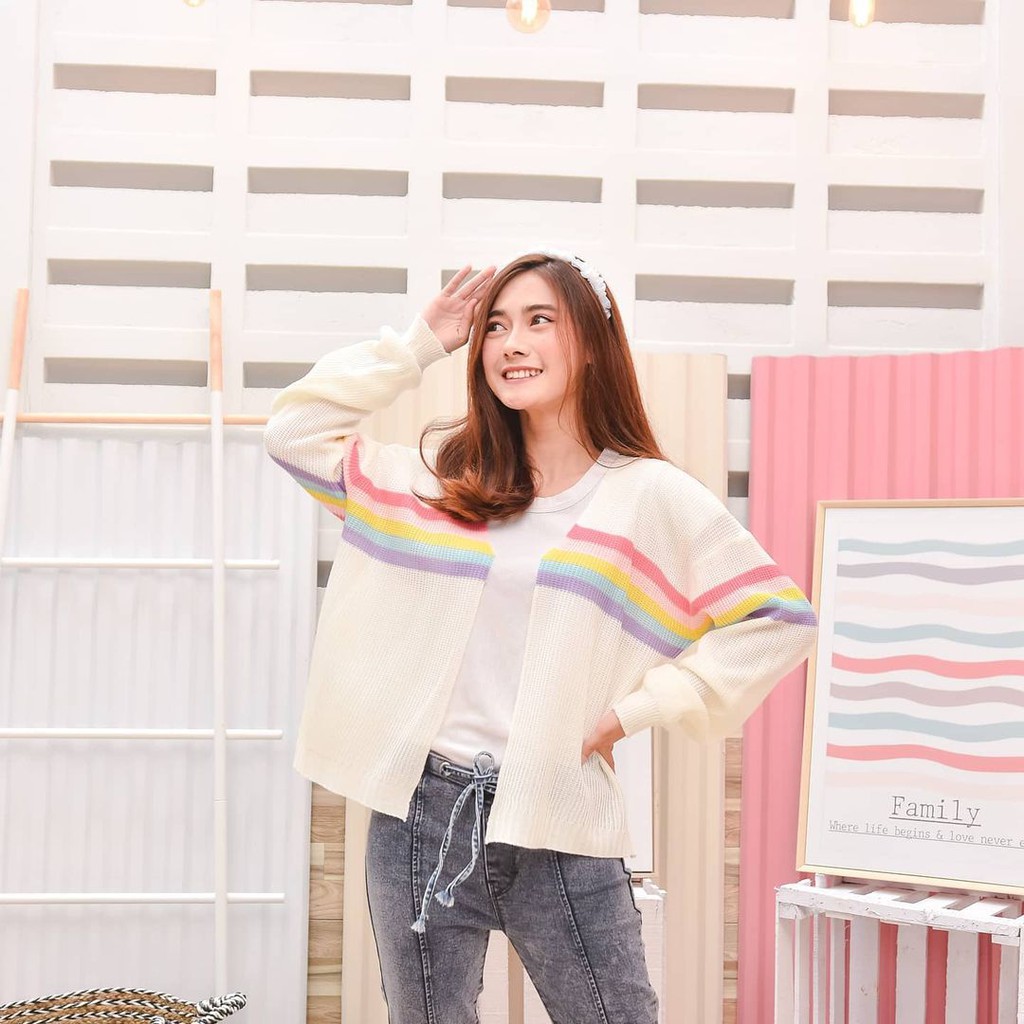 Kardigan Loocy Oversize - Pakaian Wanita - Bahan Rajut - Allsize-RAINBOW CARDIE PUTIH