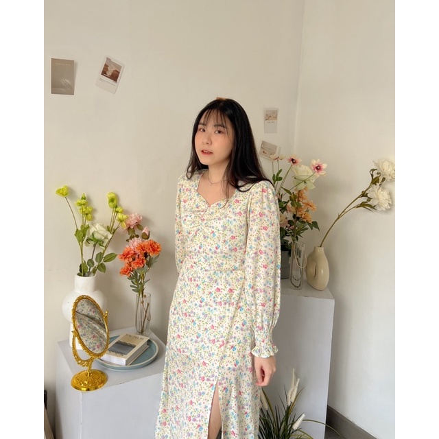 KANON - Yuzuri Floral Dress - Dress midi vintage pantai / musim panas motif bunga