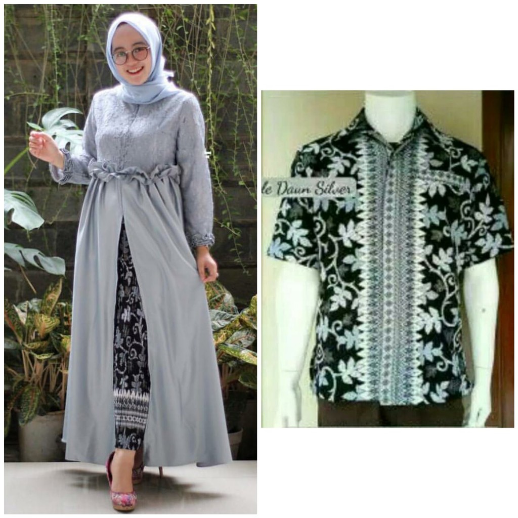 Couple gamis Atika rok instan plisket wanita dan kemeja batik Pria