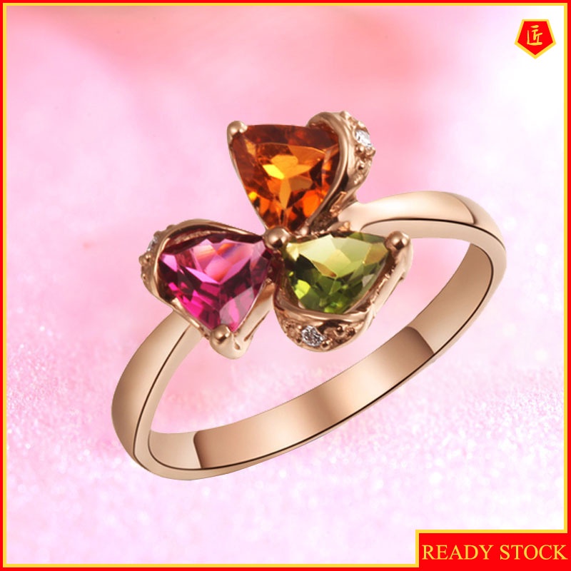 [Ready Stock]Elegant Personality Clover Colorful Gemstone Ring