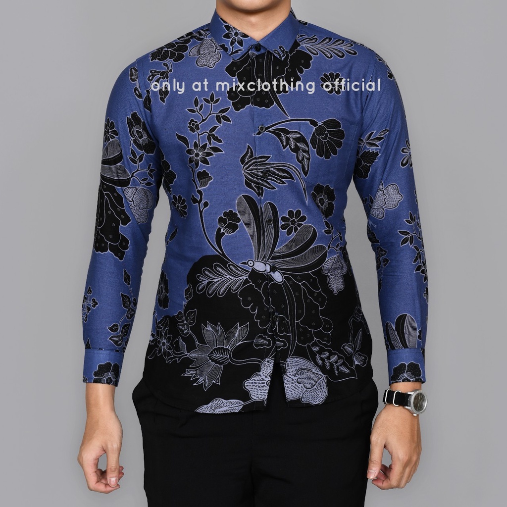 New Premium Baju Kemeja Batik Pria SlimFit Lengan Panjang Capung Biru 1846