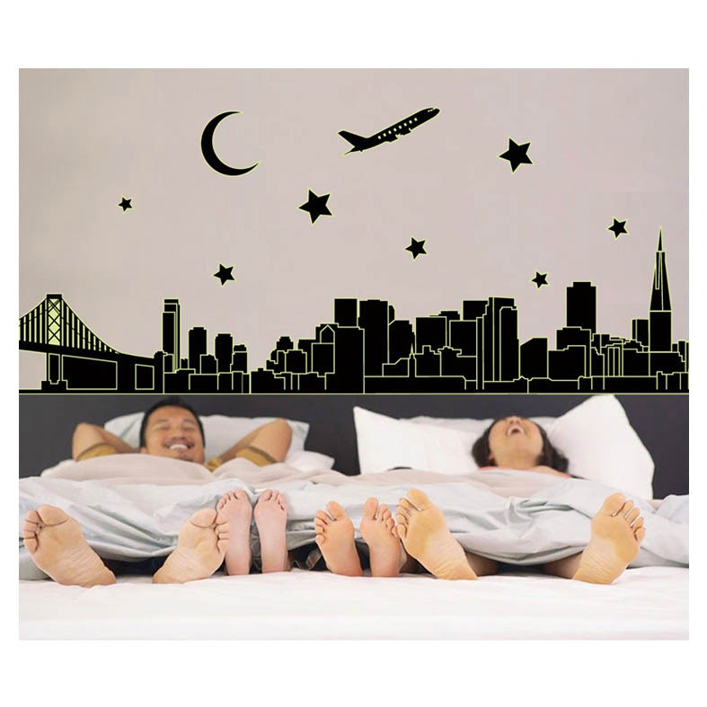 RELIZA Wall Sticker / Stiker Dinding GLOW IN THE DARK SILUET KOTA HITAM NIGHT STAR MOON ABQ9601