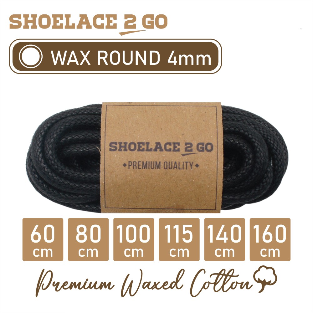 SHOELACE 2 GO PREMIUM TALI SEPATU LILIN WAX BULAT ROUND - WR4 - B1 - BLACK - 4MM