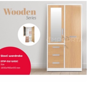 LEMARI PAKAIAN BESI 2 PINTU IMPOR SW-AD 02 (Corak pintu motif kayu)/LEMARI BESI/LEMARI PAKAIAN BESI