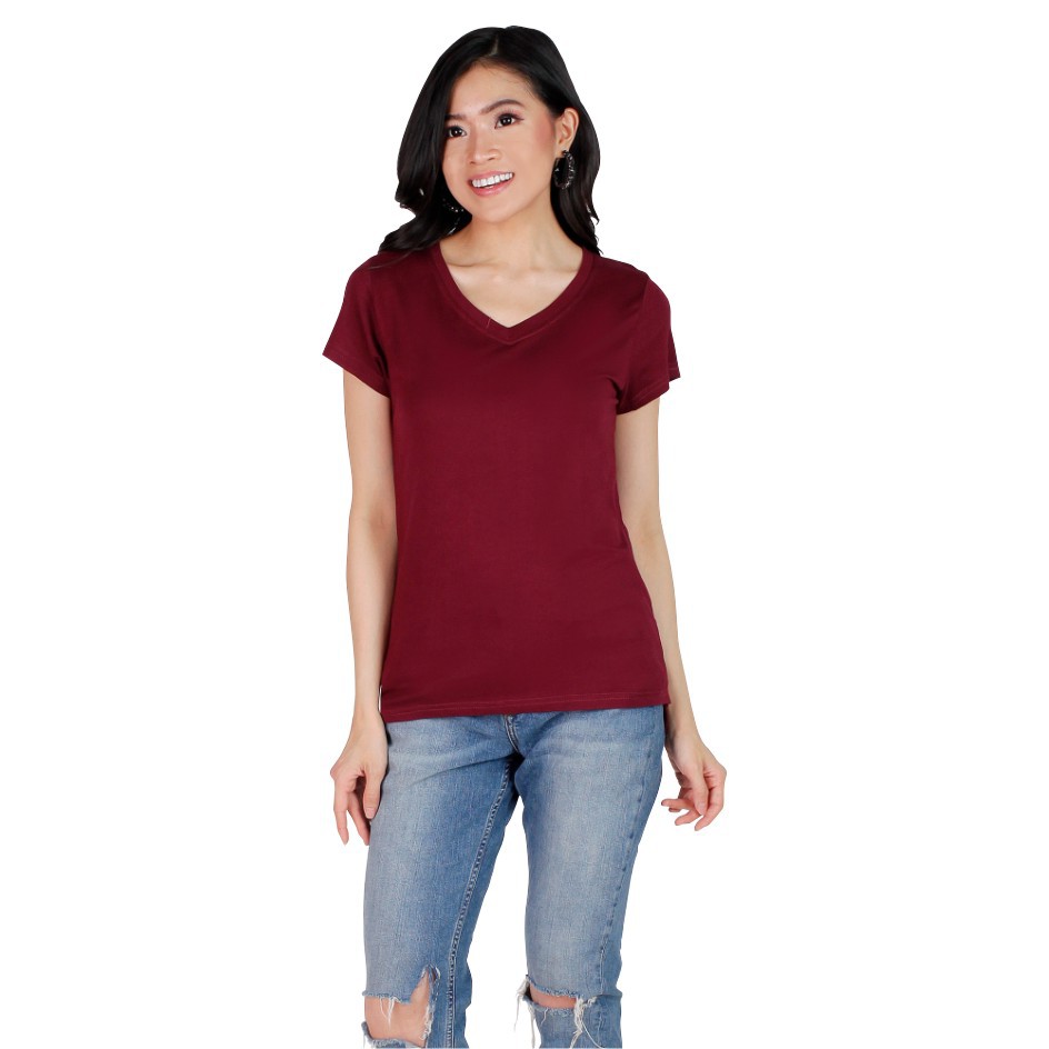 KAOS POLOS WANITA V NECK ABG LENGAN PENDEK BAJU CEWEK/CEWE MURAH MODEL / KEKINIAN KERAH V