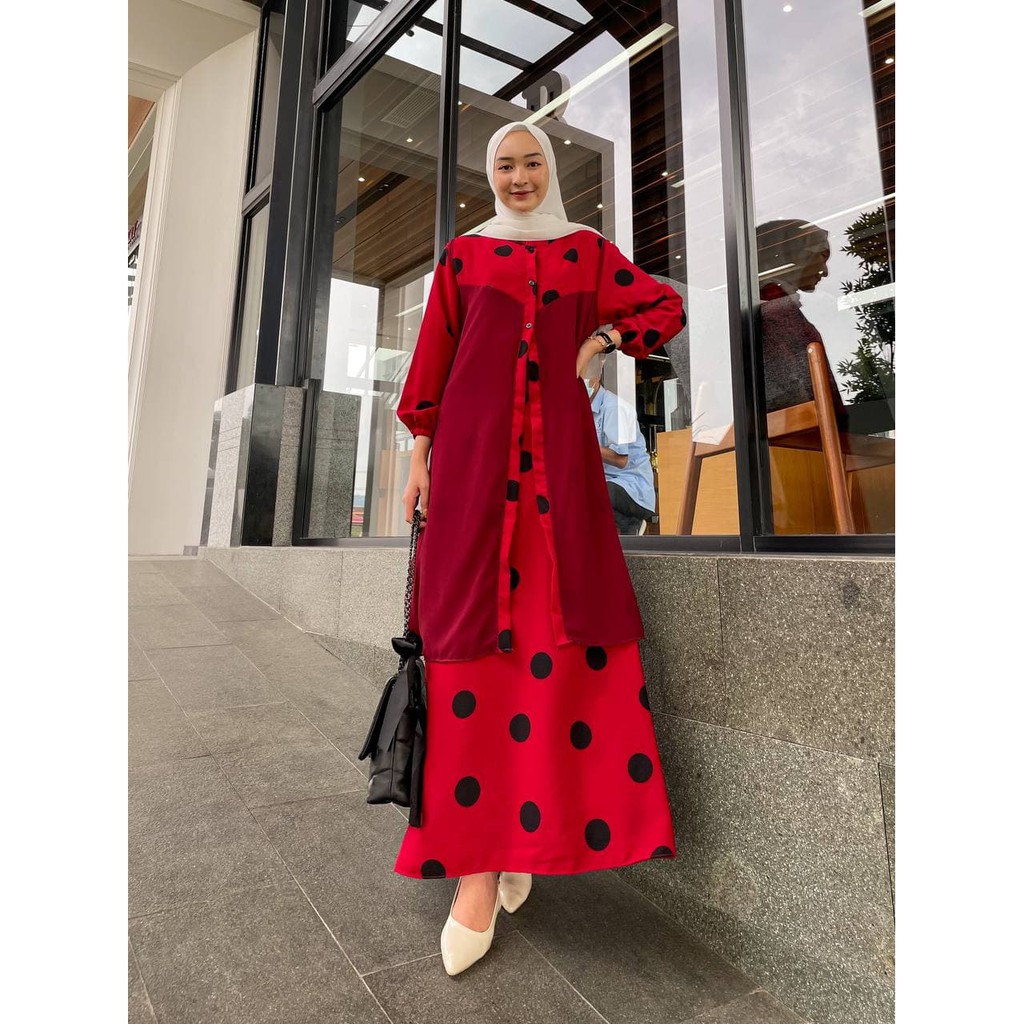 POKANA SET DRESS ( 2in1 ) / gamis set outer / gamis polkadot / gamis jersey / outer ceruti