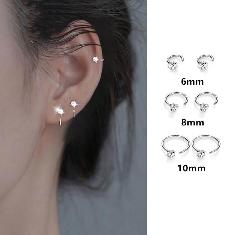 Papaozhu 1pasang Korea S925 Perak Kecil Bulat Kristal Anting Hoop Untuk Wanita Gadis Fashion Cuff Earring Chic Telinga Tulang Klip Perhiasan