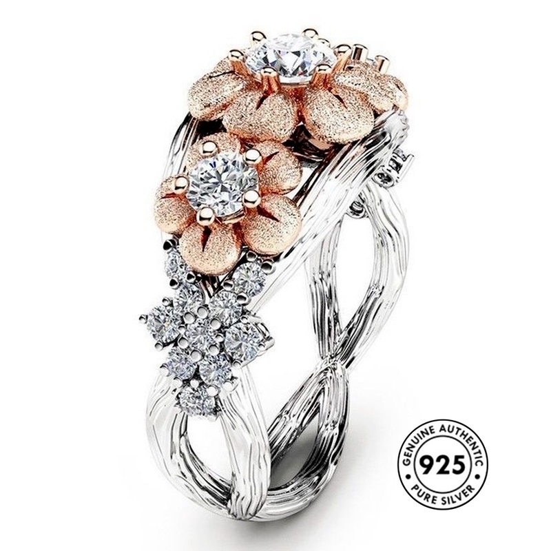 Cincin Sterling Silver 925 Lapis Rose Gold 18k Desain Bunga Untuk Wanita