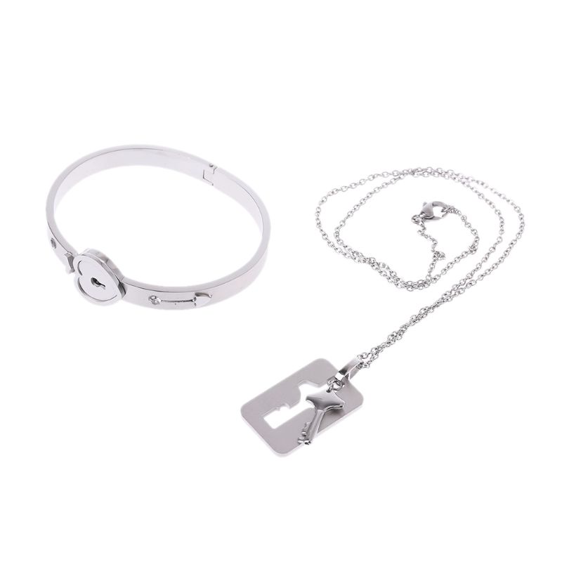 SIY  Couple Titanium Steel Lock Bangle Bracelet &amp; Key Pendant Necklace Love Sets Gift