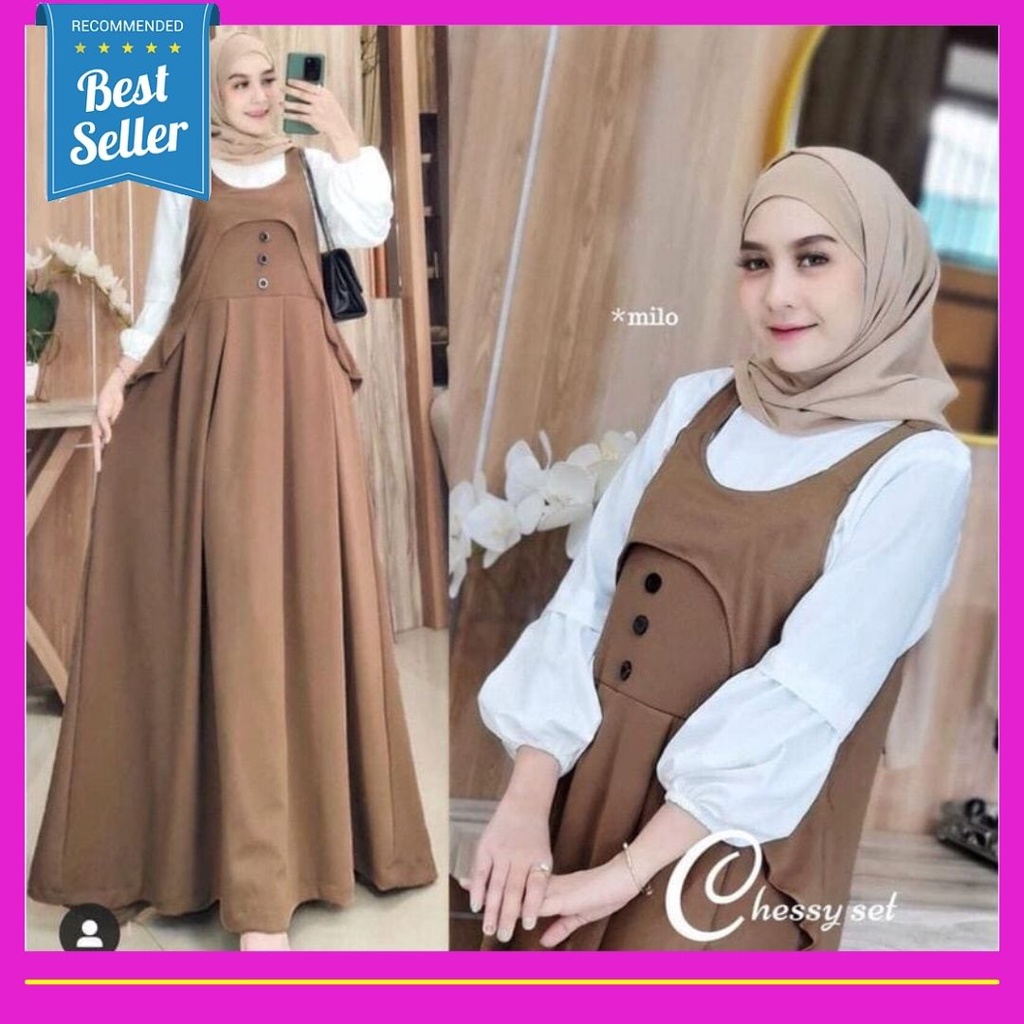 Chessy Set Setelan Wanita Muslimah Fashion Muslim Inner Blus Wolfis Lengan Panjang Putih Polos Overa