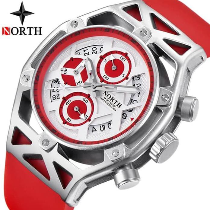 Jam Tangan Pria Original NORTH 7710 Chronograph Anti Air Red Silver JS0211