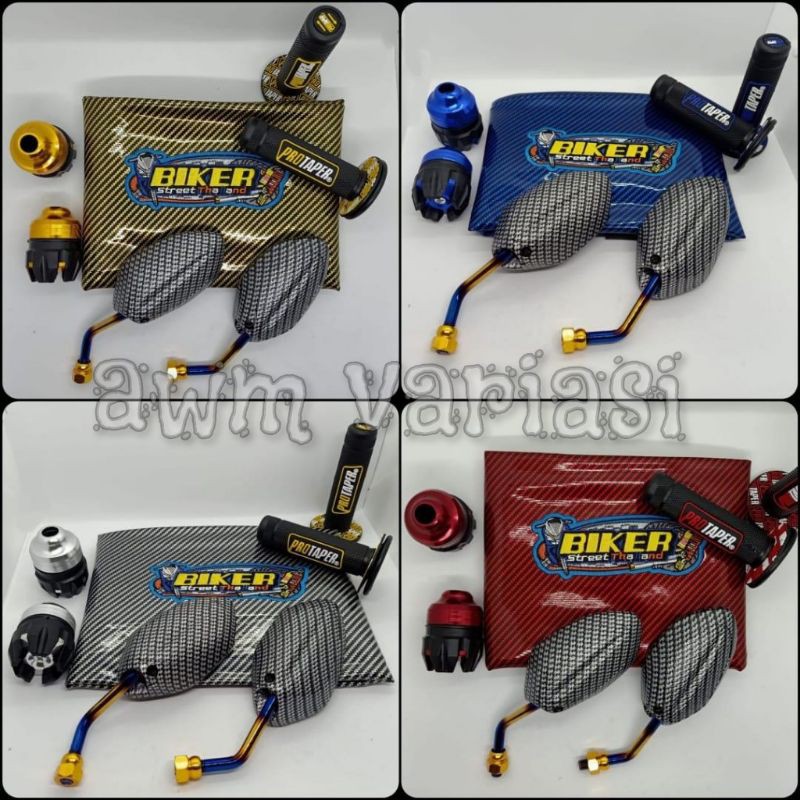 [Paket 4item] Kulit Jok Karbon + Spion Beat mini Twotone + Jalu As Roda Depan + Grip Protaper - Universal