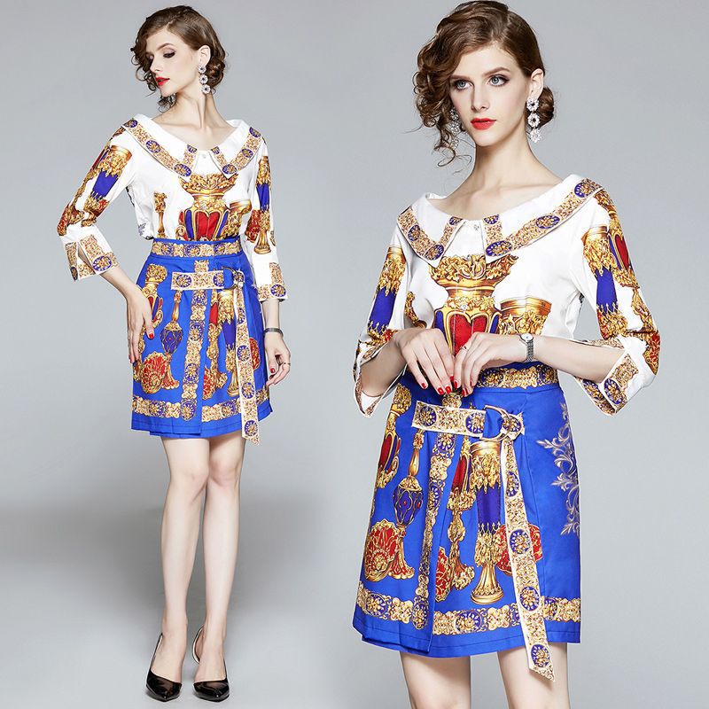1SET Blue Royal Pattern Blouse + Skirt  51972 (SALE)