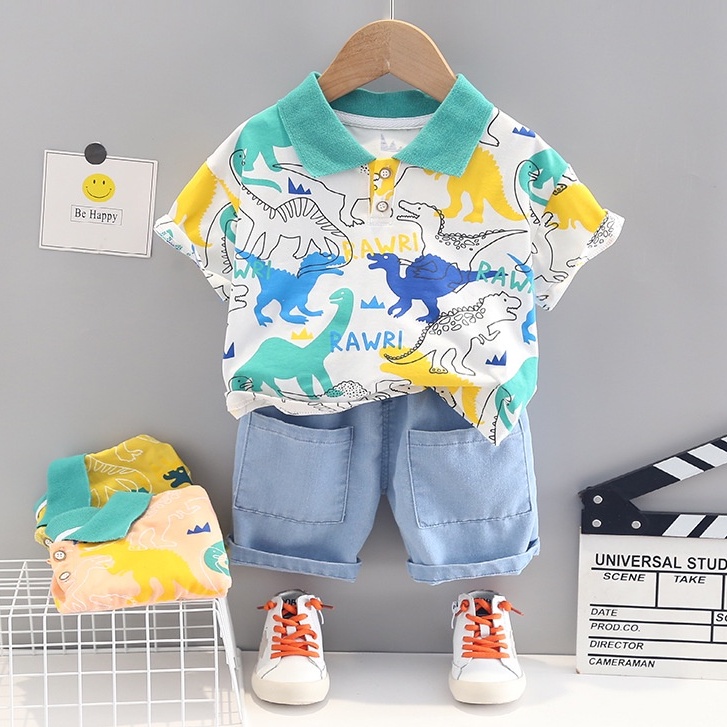 Setelan Anak Laki Laki Import motif Dinosaurus 2 - 6 tahun Kerah Polo BLU set Korean Style