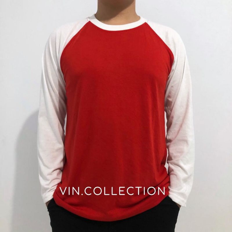 Kaos polos raglan pria wanita -  merah putih