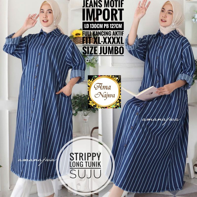 Stripo Long Tunik Jeans Suju Super Jumbo Motif Garis Rawis Ld 130 Fit XXXL By Amj
