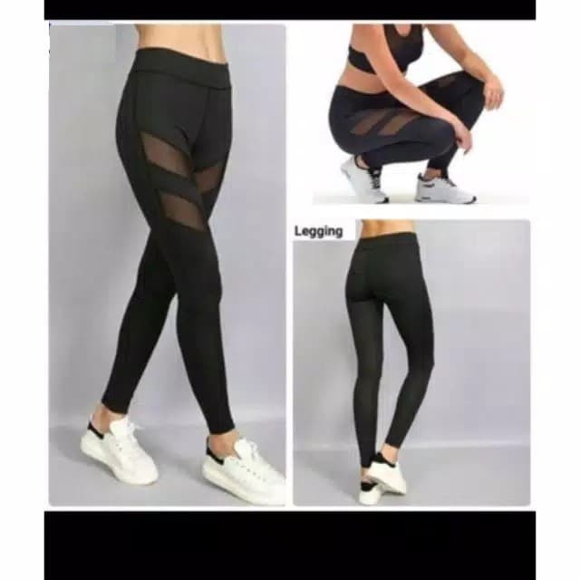 TBI Import Sport Legging Double Stripe Mesh High Waist Celana Fitnes Jala