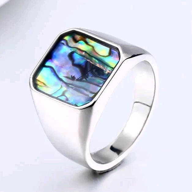 Cincin Batu Kerang Mutiara Abalone Shell Rainbow Ring Titanium Stainless Steel