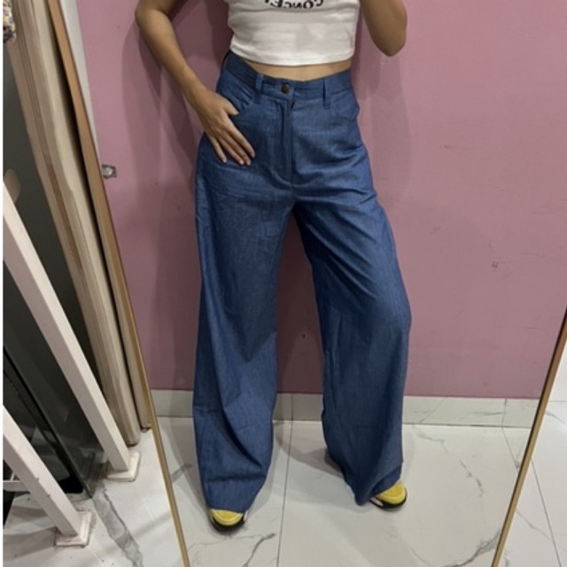 NABO - Wide Leg Chembrey Denim Pants( WARNA SEDIKIT LEBIH TERANG ) (Detail Bawah Unfinished Cutting)