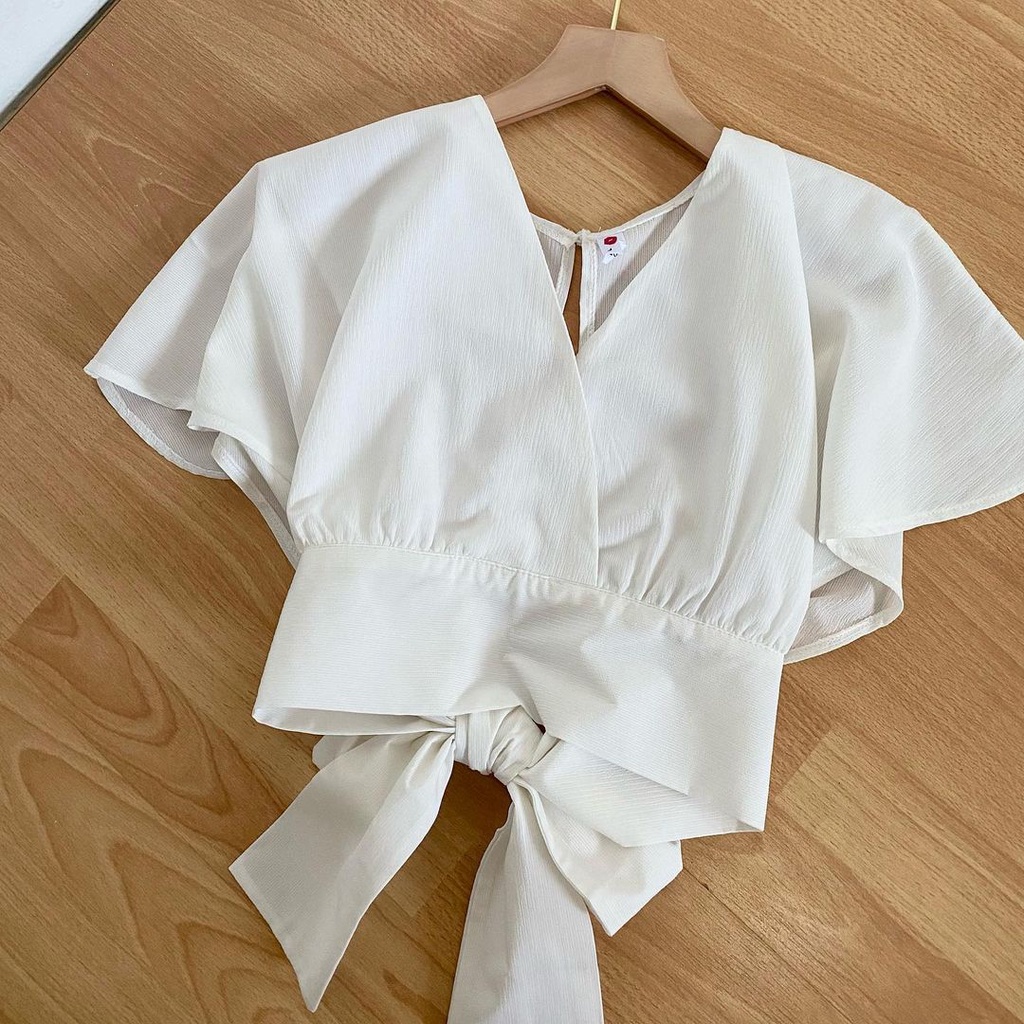 Vallina Outfit - Femei Outer Blouse Slit Back Self Tie Wrap Crop Top Atasan Wanita Korean StyleBow Back Cardy-6