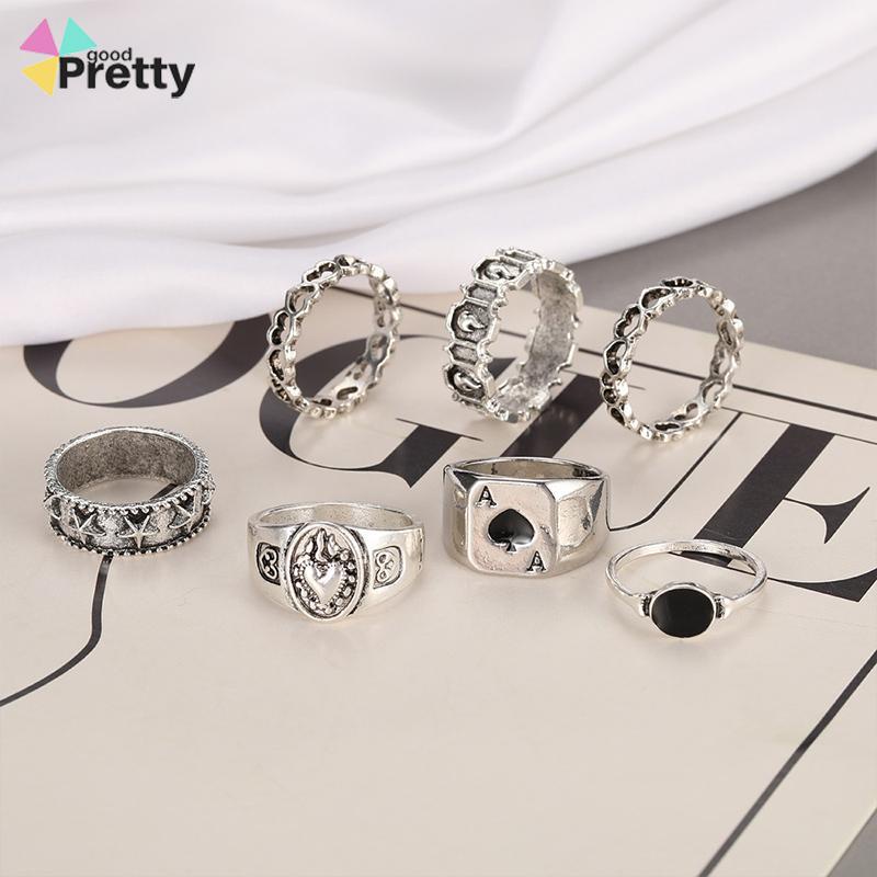 7 Pcs Cincin Jari Bentuk Hati Tidak Teratur Warna-Warni Gaya Punk Retro Untuk Pria - PD