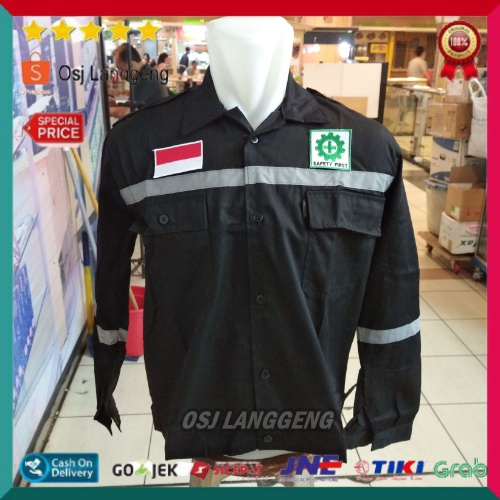 Baju Atasan Safety American Drill Hitam - Atasan Safety Proyek Waena Hitam Plus Logo