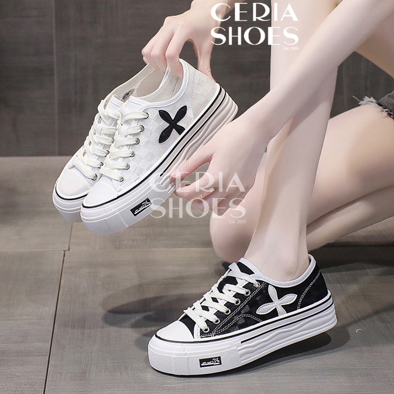 PVC Sepatu Sneakers Korean Wanita Import Sol Tinggi Ringan Breathable Sol Rubber Tebal Non-Slip Tinggi 6 Cm Leaf Pattern