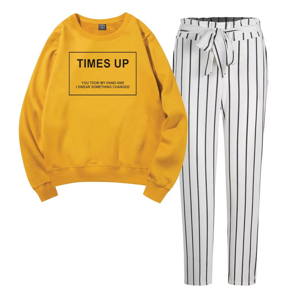 BESS - Baju Setelan Wanita Murah / Setelan Sweater + Celana Salur Putih - TIMES UP