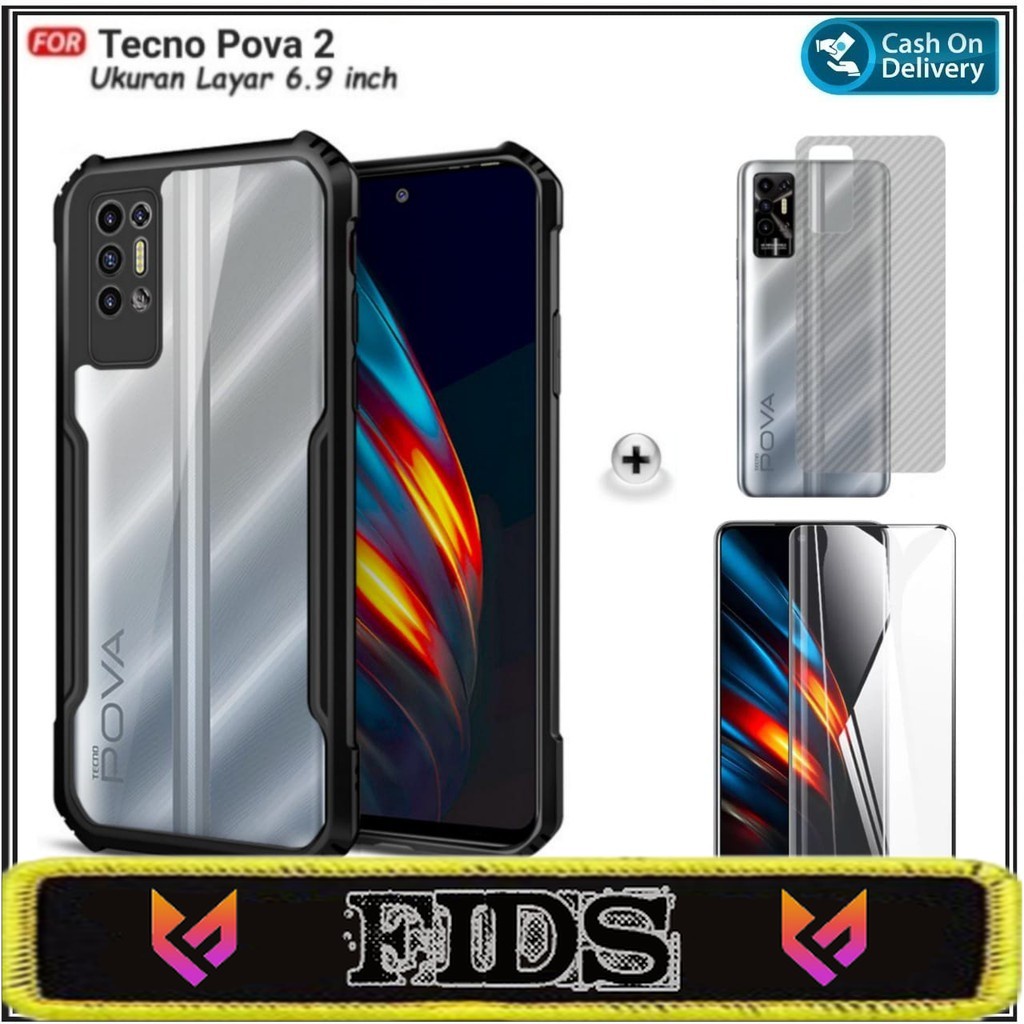 (PROMO PAKET) 3IN1 Case Tecno Pova 3 Pova 2 Soft Hard Fusion Shockprooft Free Tempered Glass Layar + Garskin Carbon Anti Gores Jamur Handphone