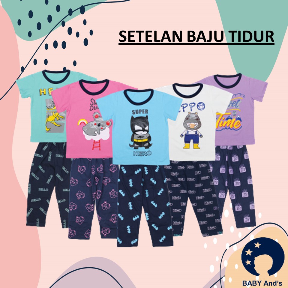 Setelan Baju Tidur Anak Kecil Motif Lucu Piyama Lengan Pendek Unisex Cewek Cowok