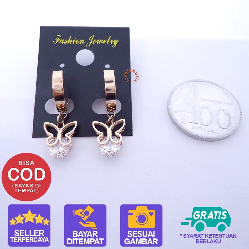 Lovelybutik - Anting Titanium Anti Karat / Permata Kupu Anting Titanium Wanita Motif Kupu Kupu Ukuran 1,4 cm Warna [Rosegold] BONUS KOTAK PERHIASAN