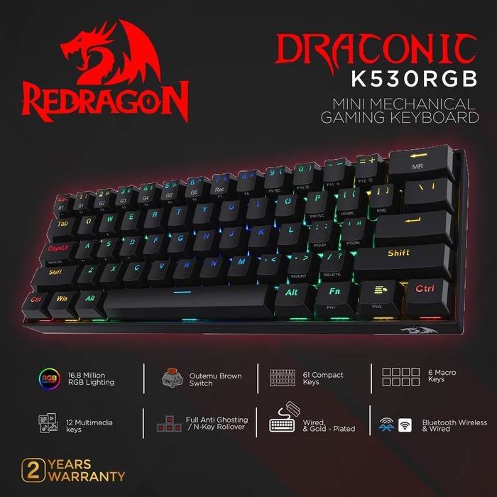 Redragon Keyboard Gaming Mechanical Bluetooth &amp; Wired Draconic K530RGB