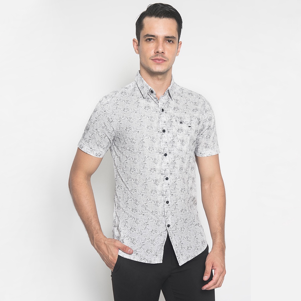 Johnwin - Kemeja Casual - Putih Motif Abstrak - Lengan Pendek