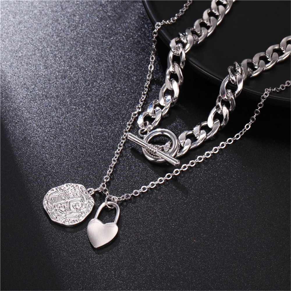 【COD Tangding】New Korea Fashion Style Chain Heart Lock Pendant Two - Layer Necklace Accessories