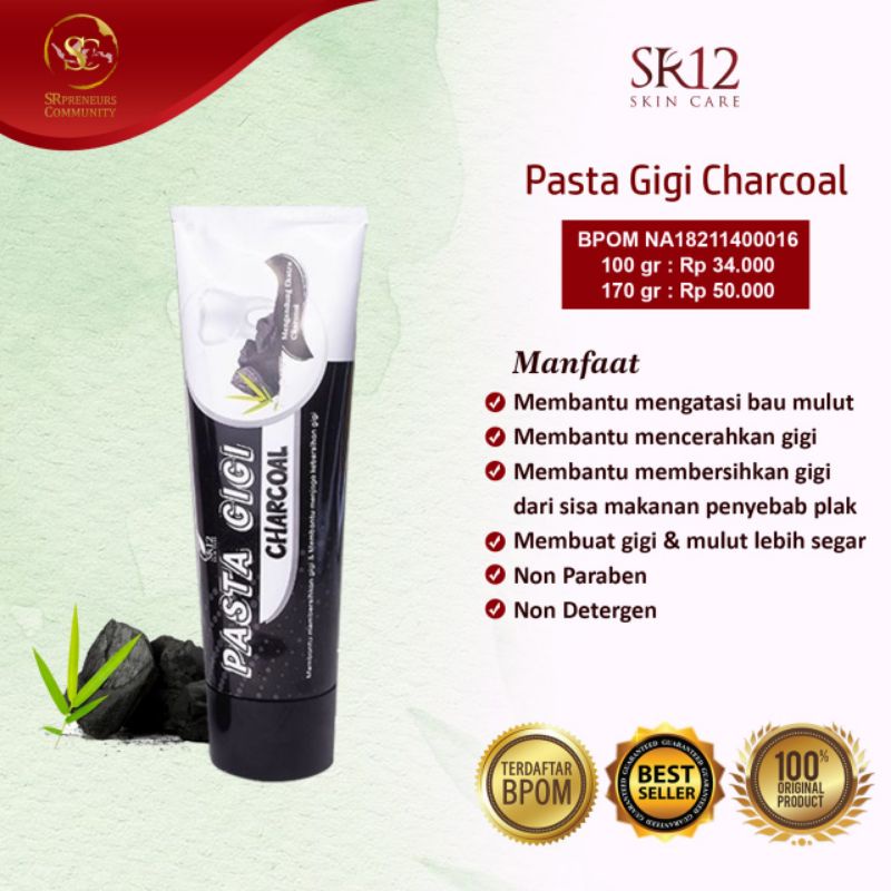 PASTA GIGI CHARCOAL SR12 HERBAL.SKINCARE PEMUTIH GIGI - PENGHILANG BAU MULUT KARANG GIGI