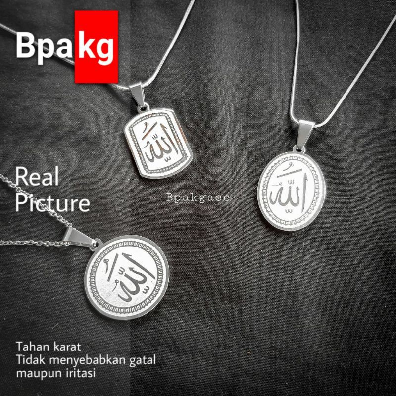 kalung titanium liontin lafad allah kalung besi putih asli anti karat silver Kalung pria huruf arab