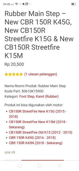 KARET STEP DEPAN HONDA CB150R STREETFIRE NEW K15M 2018-SKRG. 2PCS