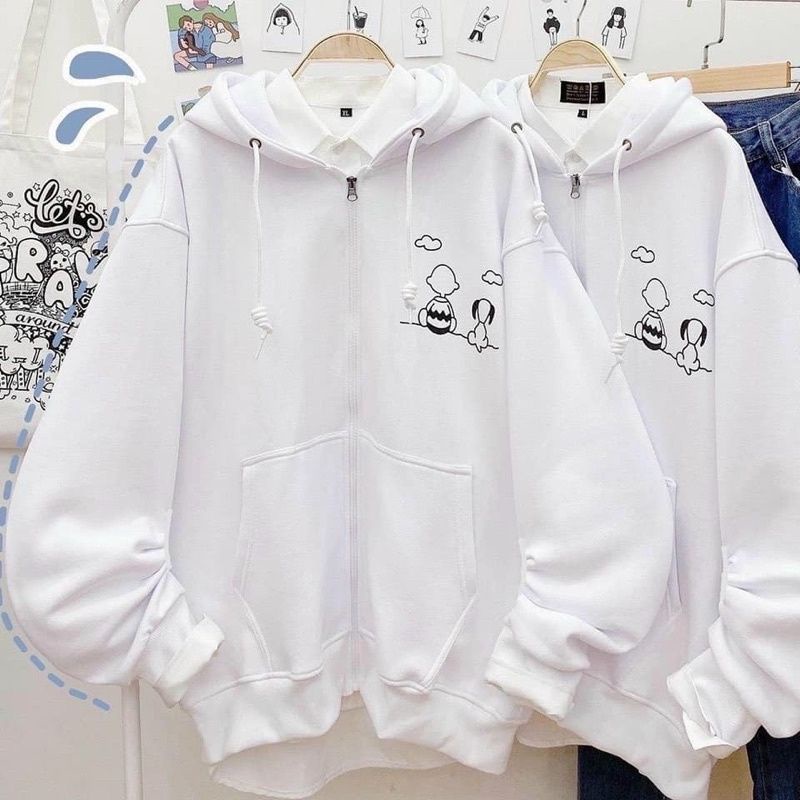 S - XXXXXL(6XL) Zip Hoodie SNOOPY Cute Dog Korean Fashion Pria Wanita BIG SIZE OVERSIZE Jumbo 6XL 5XL 4XL 3XL 2XL XL L M Jaket Resleting Kawaii Harajuku Jaketin aja Hitam Putih