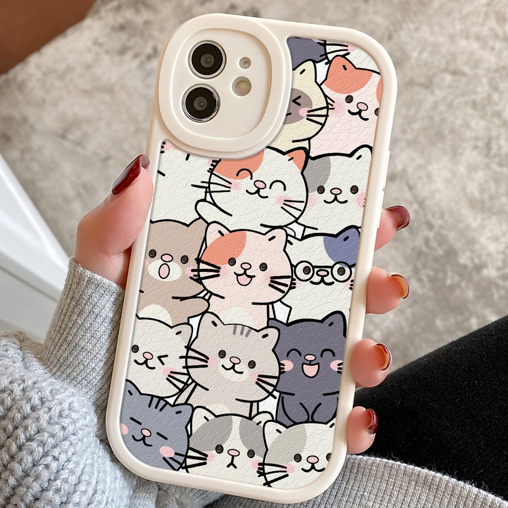 Soft Case Bahan Kulit Silikon Motif Kucing Untuk iPhone 11 12 13 14 Pro Max X XR XS Max 7 8 Plus SE2020 14 Plus