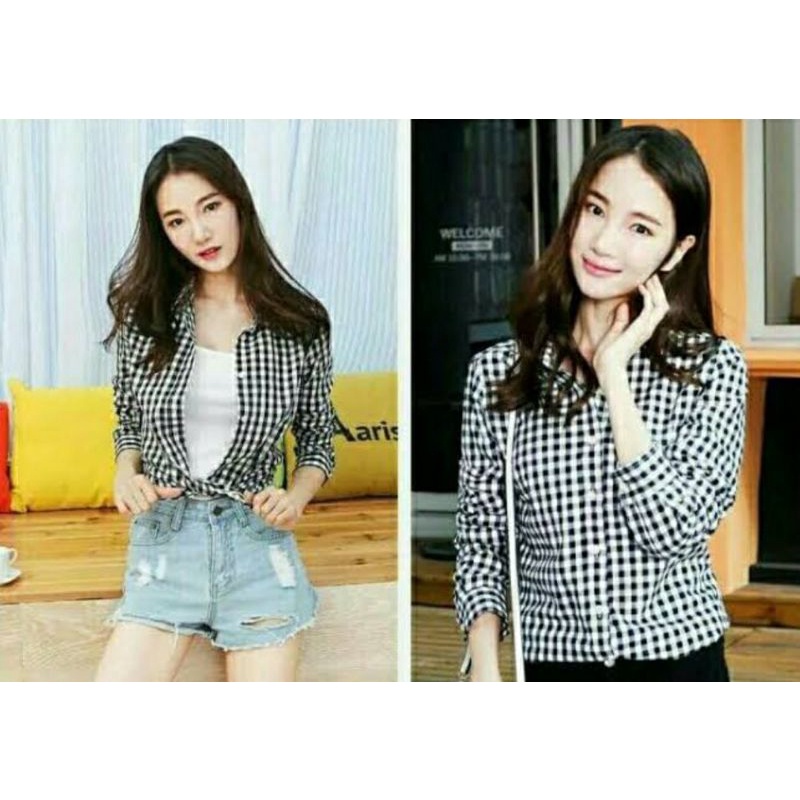 GSL - KEMEJA WANITA CASUAL JUMBO KOTAK 1 CM HITAM PUTIH KOREA LENGAN PANJANG IMPORT POLOS KOTAK HITA
