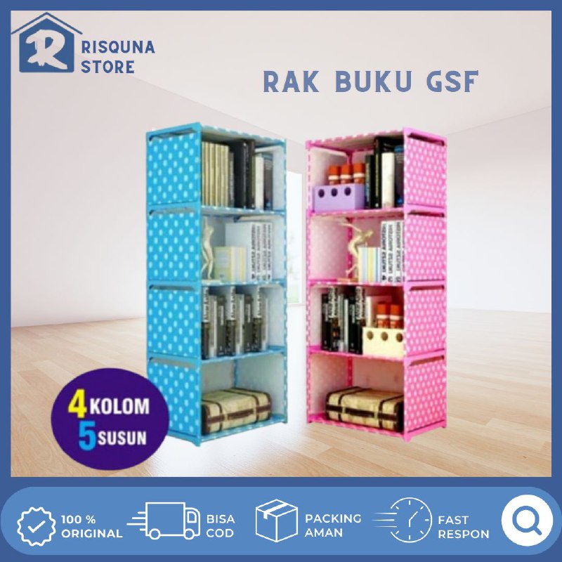 RAK BUKU GSF / RAK BUKU PORTABLE RAK SERBAGUNA / RAK BUKU 5 SUSUN 4 RUANG / RAK BUKU 4 PIPA & KAIN P