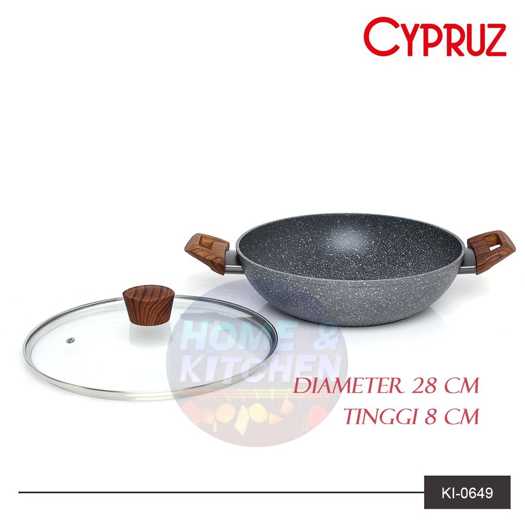 Cypruz Wok Pan 28 cm Marble Induksi Lid Kuali KI0649 Panci Induction Tutup Kaca Wajan Keramik 28cm